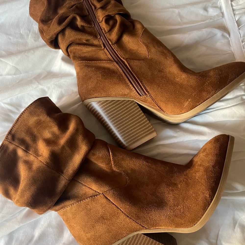 New Report Tan Suede Heeled Boots